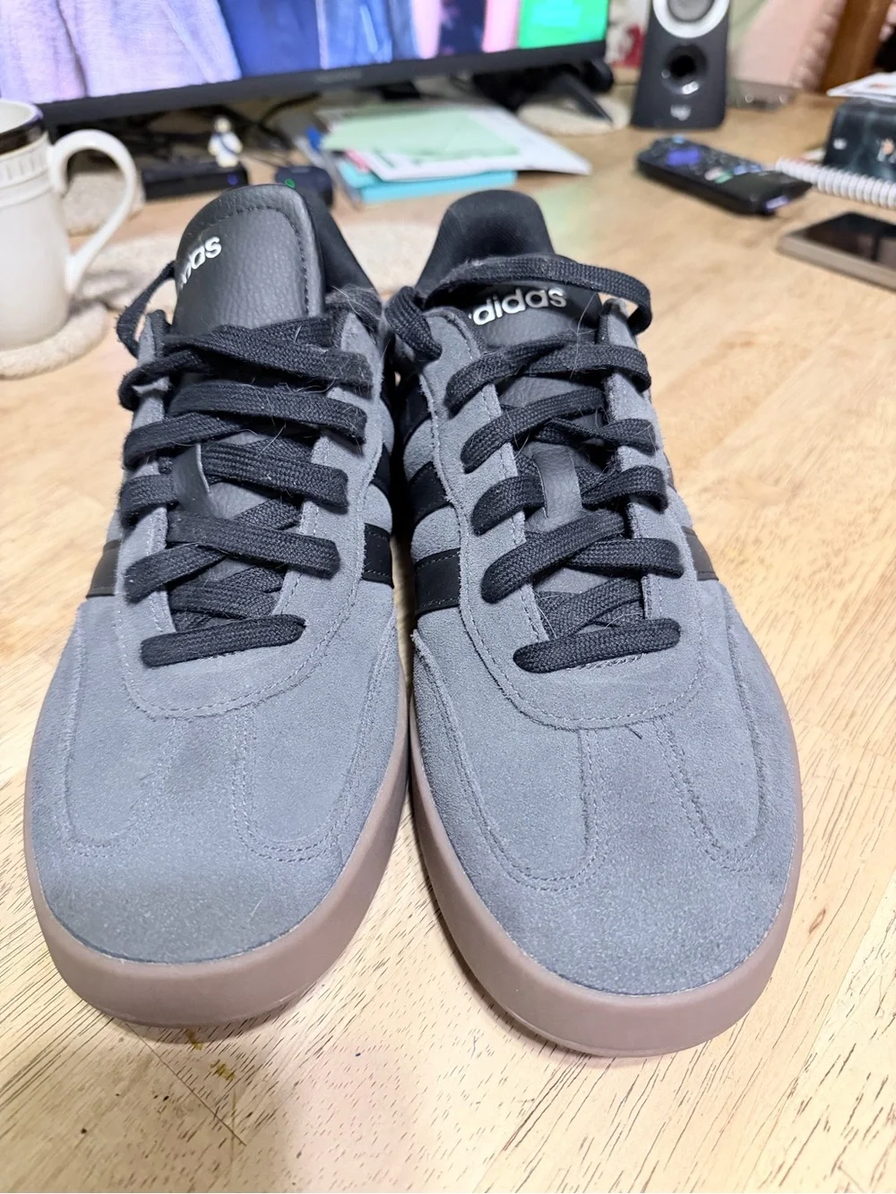 adidas Men’s Gray Suede Athletic Sneakers with Black Stripes